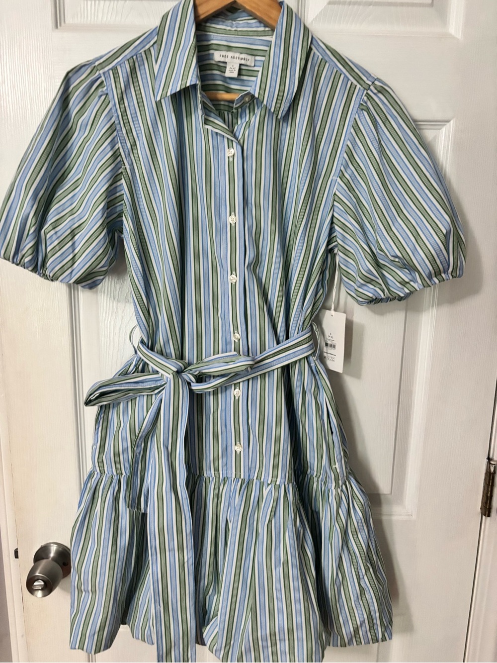 Free Assembly blue, green, and white vertical striped dress with belt